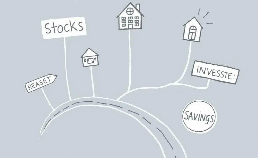 A hand-drawn path with different investment signs like stocks, real estate, and savings.