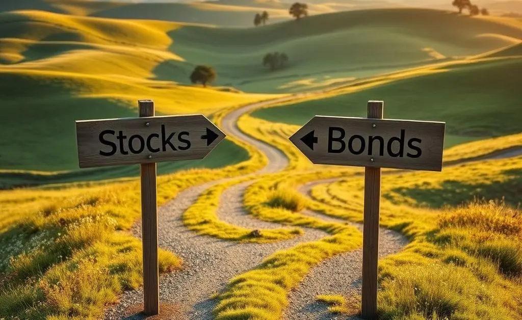A forked road labeled with signs 'Stocks' and 'Bonds', with arrows pointing in different directions.
