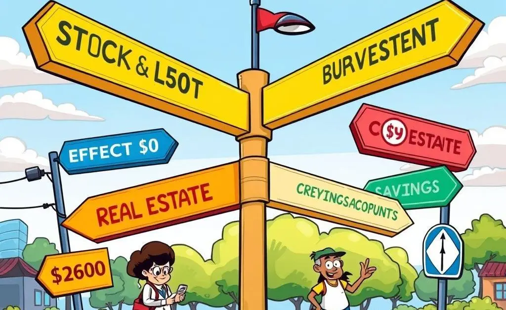 A cartoon-style illustration of a crossroads with different investment option signs