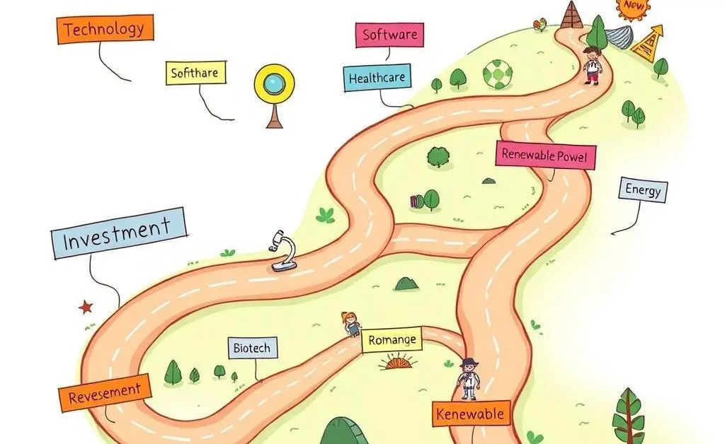 Cartoon roadmap showing investment paths.