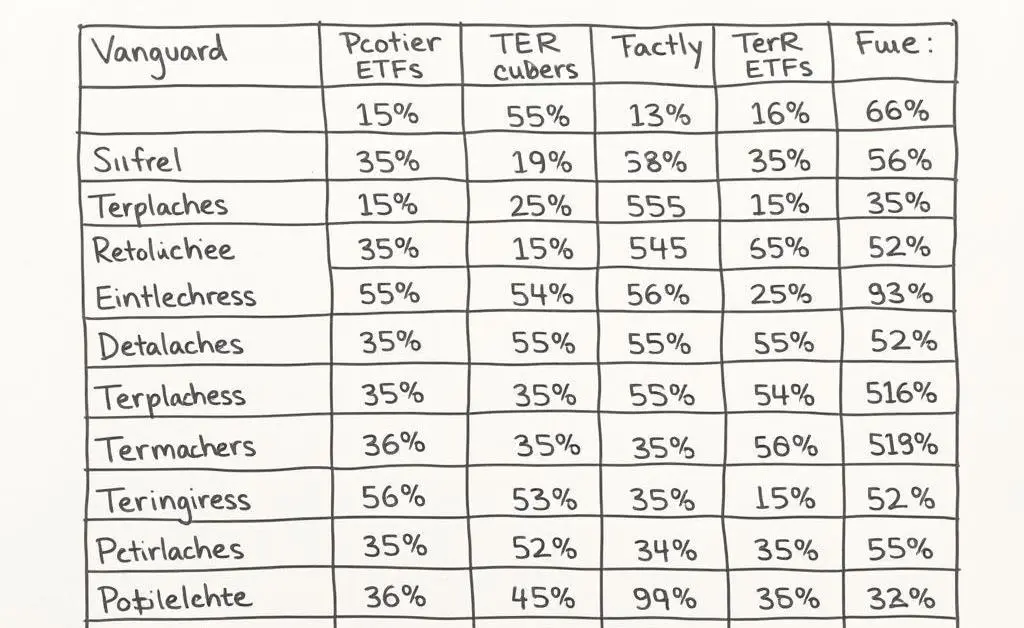 A hand-drawn table comparing different Vanguard ETF options with their TER percentages.