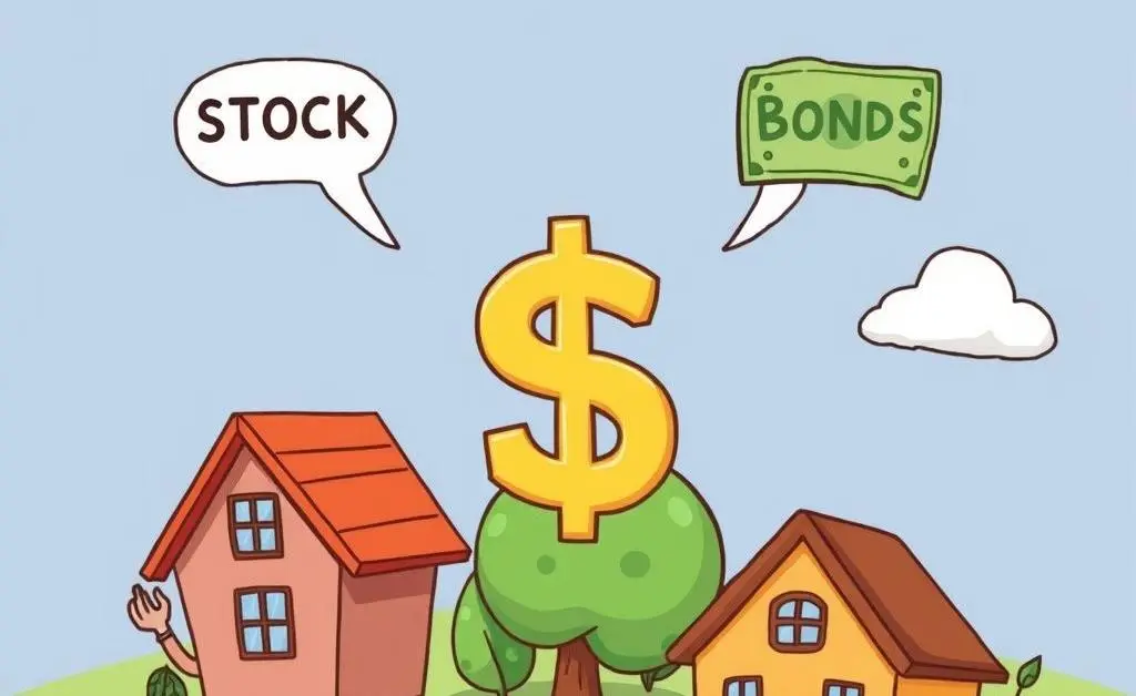 Cartoon-style image depicting various investment choices, like stocks, bonds, real estate.