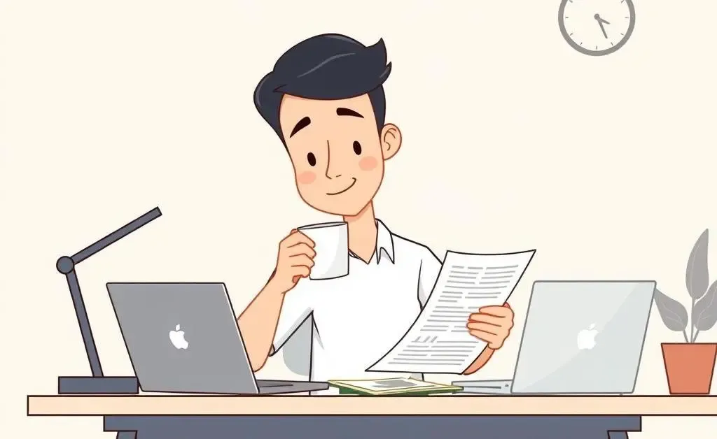 Person enjoying coffee while reviewing investment paperwork