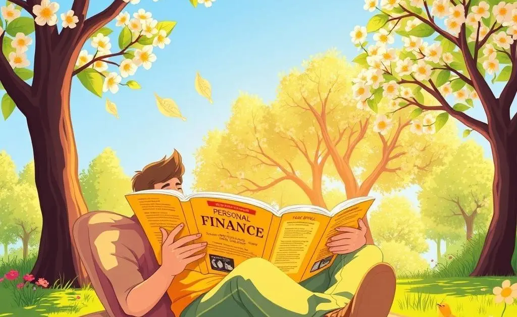 Cartoon visual of a person in a relaxed outdoor setting, holding a book about investing, with dollar signs gently floating around.