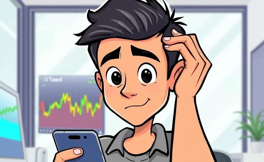 A cartoon-style image of a person scratching their head while looking at fluctuating stock prices on a mobile phone.