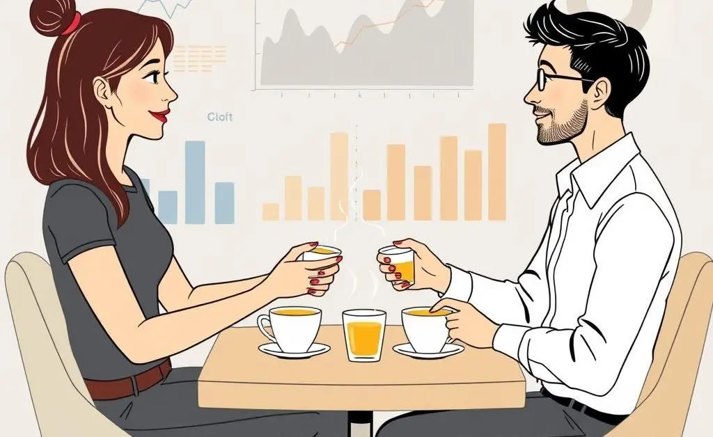 Two friends chatting over tea with charts and graphs in the background