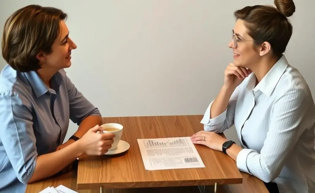 Two friends having a financial conversation over tea