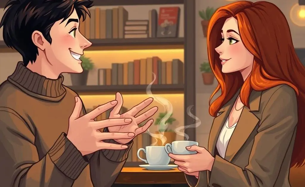 Two friends discussing stock investments over tea