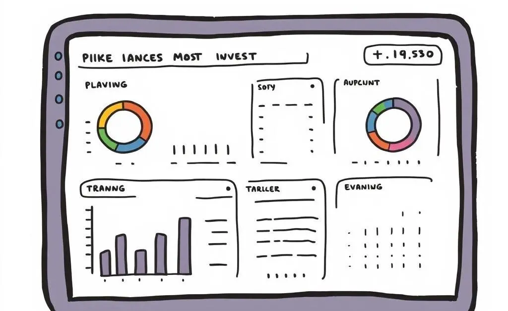 A hand-drawn style illustration of a digital dashboard showing investments and graphs.