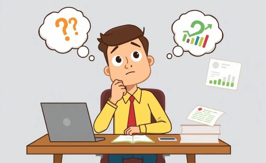 A cartoon-style image of a person sitting at a desk contemplating investment decisions.