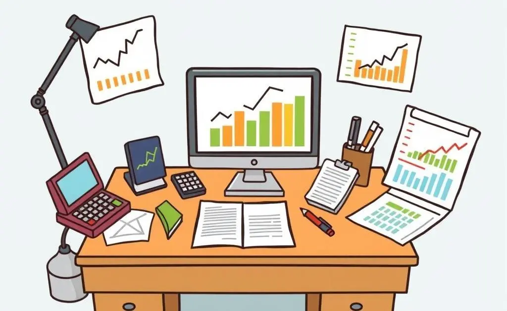 Cartoon desk with investment tools