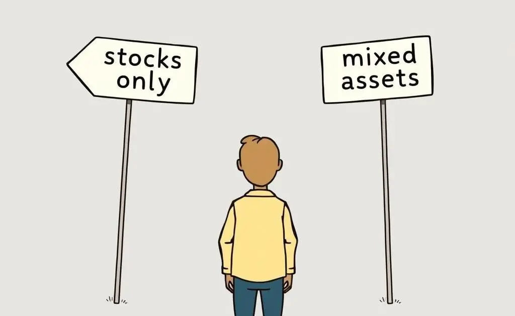 A minimalist cartoon of a person at a crossroad with signs pointing to 'stocks only' and 'mixed assets'.