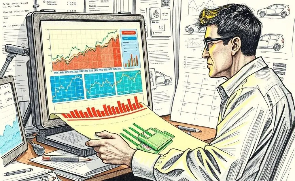 Hand-drawn image of a person analyzing stock charts for EV companies