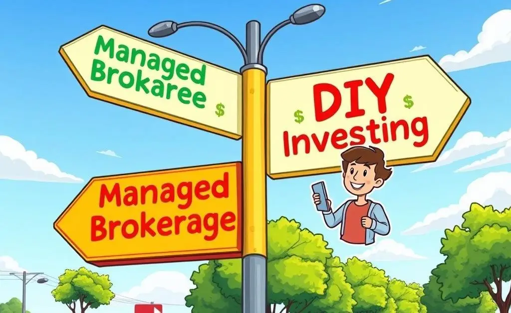 Cartoon-style road sign with investing options