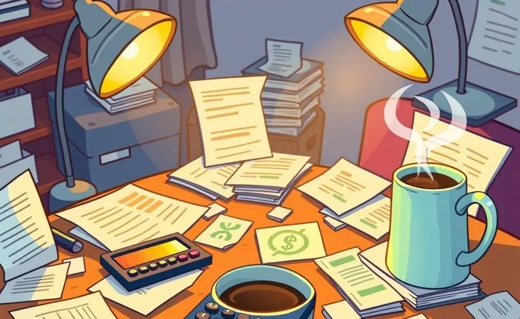 A thoughtful setup for financial decisions with a table full of documents and a cup of coffee.