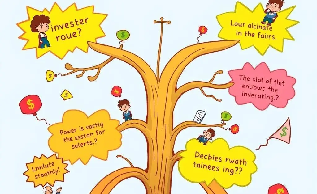 A cartoon-style decision tree illustrating different investment paths and outcomes