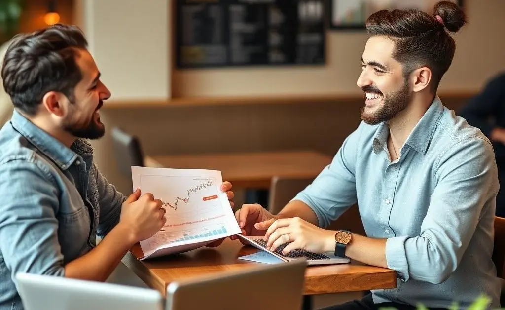 Two friends at a cafe discussing investments.