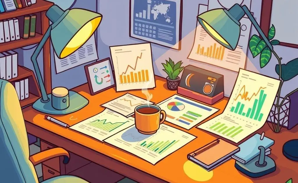 A well-organized desk with investment charts and a coffee cup.