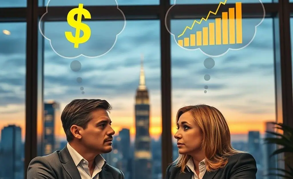 Business people discussing with thought bubbles above their heads filled with dollar signs and stock charts.