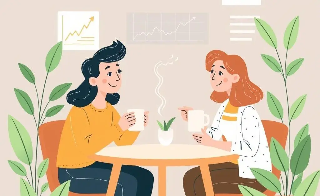 Two people chatting over coffee about investing