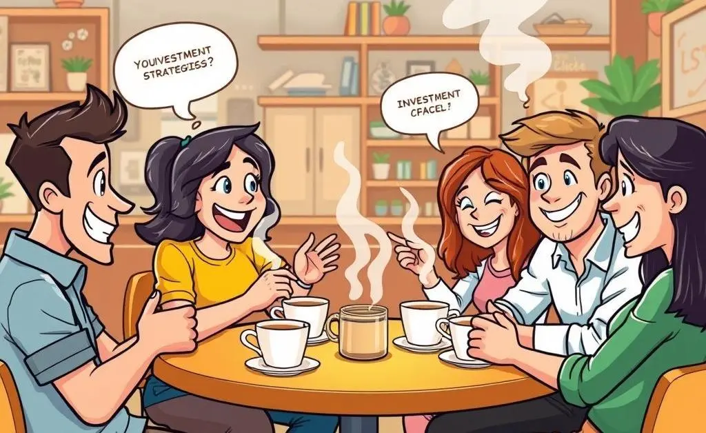 Friends discussing investments over coffee.