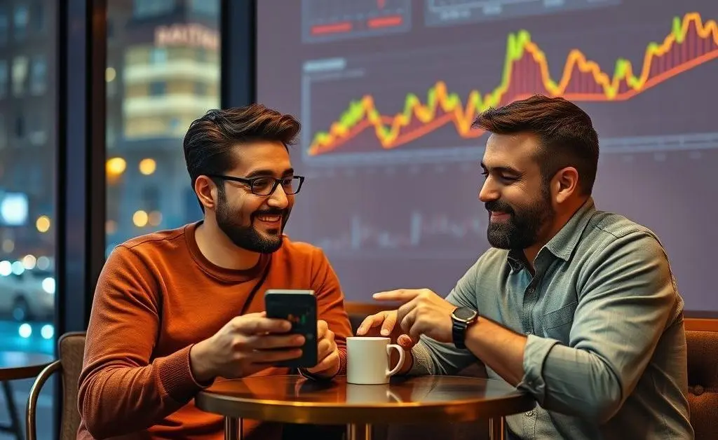 Two friends having a conversation over coffee while discussing mobile investment apps, with charts in the background.