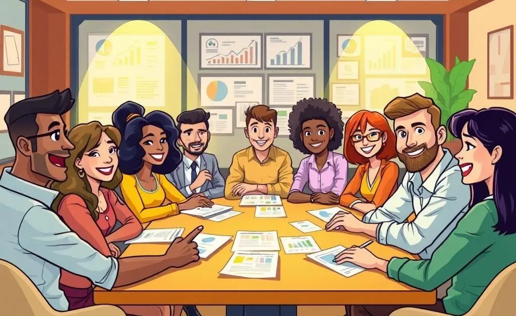 A cartoon-style image of diverse people sitting around a table discussing investments.
