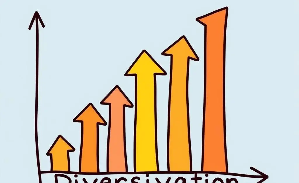 A cartoon-style graph with multiple arrows pointing upwards, labeled 'Diversification'