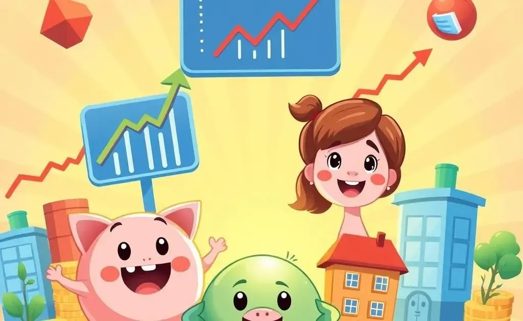 Different investment options like stocks, bonds, and real estate represented by cheerful icons
