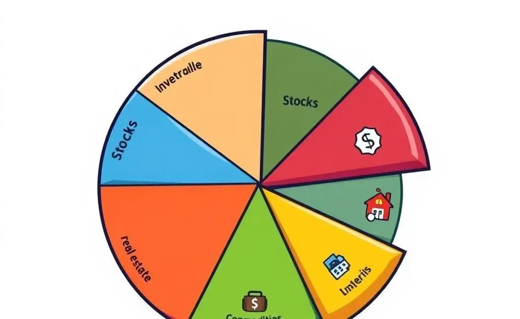 A cartoon-style pie chart illustration showing a diversified investment portfolio.