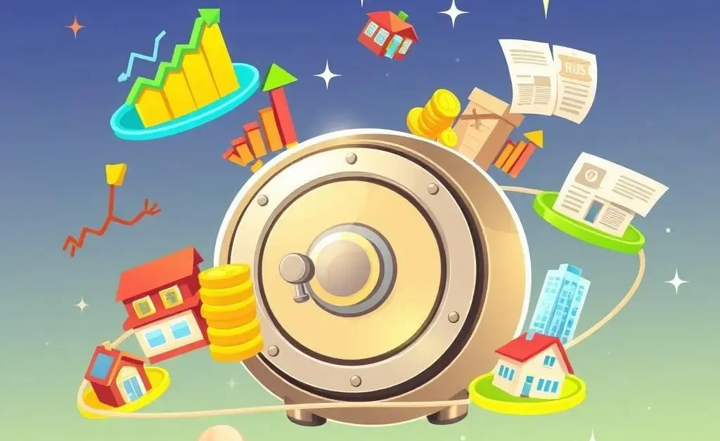 Illustration of investment diversification shown through various icons orbiting around a central safe.