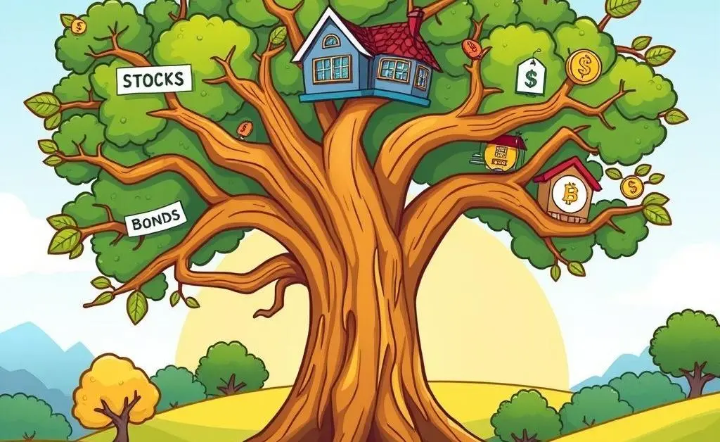 A cartoon depicting a tree with different types of investments as branches.