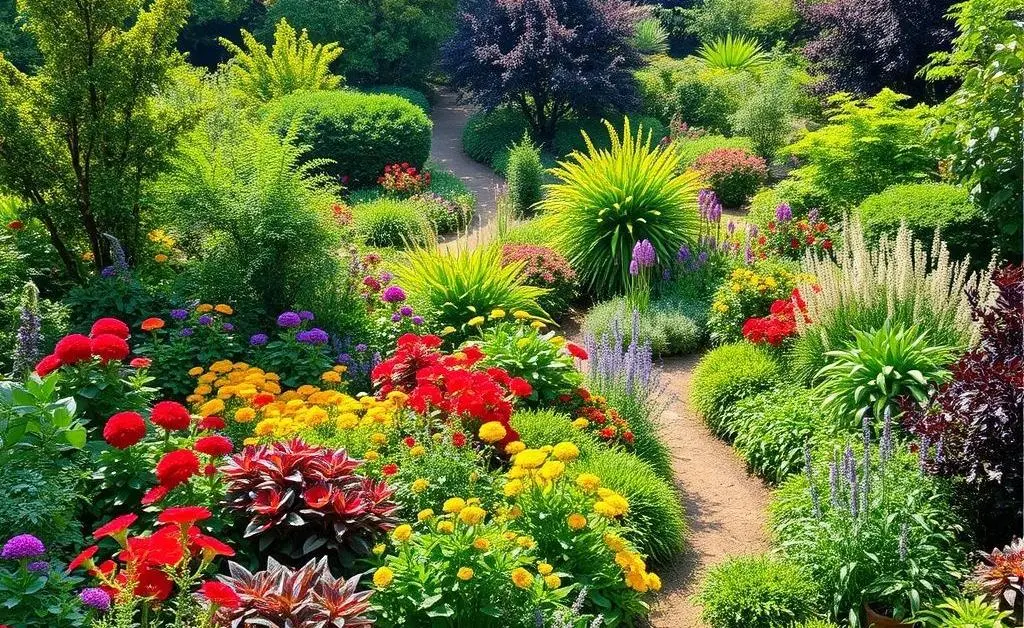 A diverse garden with various plants symbolizing different investment options