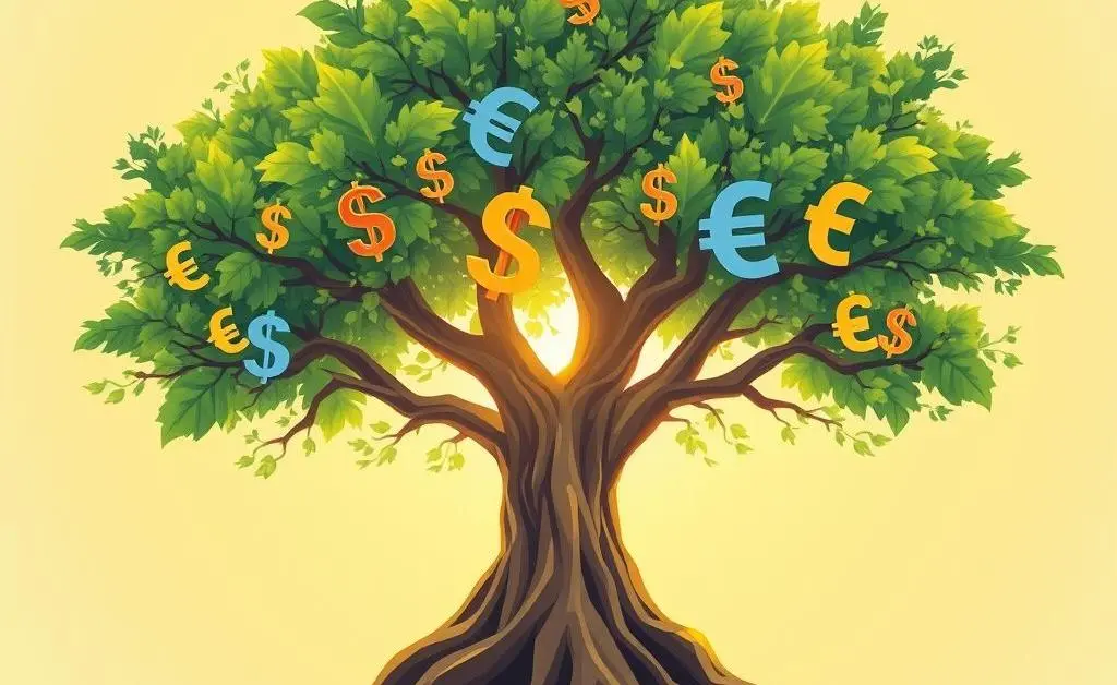A tree with currency symbols representing investment diversification