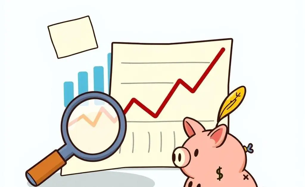 A cartoon with graphs, a magnifying glass, and a piggy bank symbolizing investments.