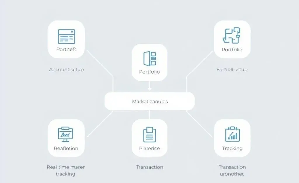 Minimalistic drawing of a flowchart showing features of an investment app.