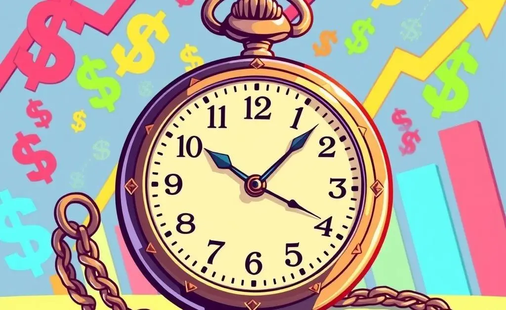 A cartoon pocket watch representing timing in investments