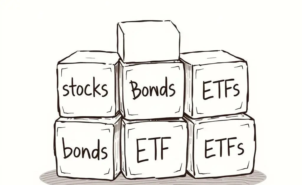 Building blocks representing stocks, bonds, and ETFs.