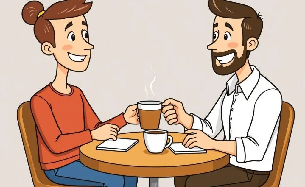 Two cartoon people having a friendly conversation over coffee with investment books around