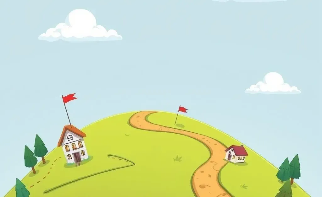 Cartoon-style image of a path leading to investment goals with small landmarks along the way