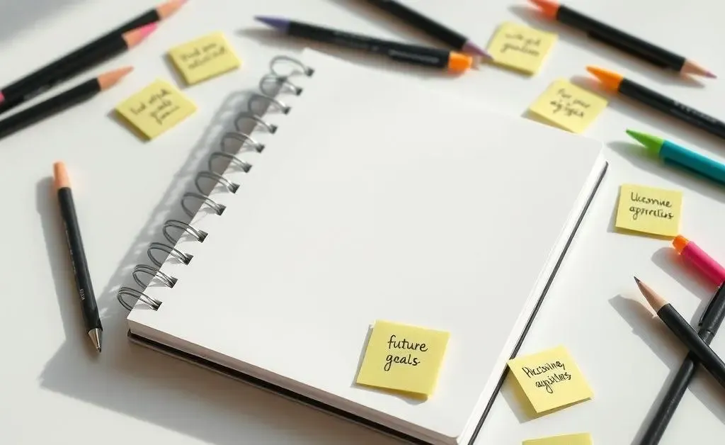 A minimalist planner with pens and sticky notes about future goals