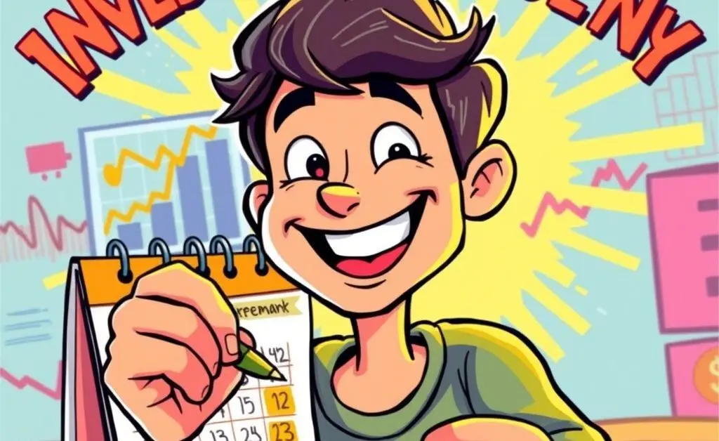 A person writing investment goals on a calendar with happy expressions.
