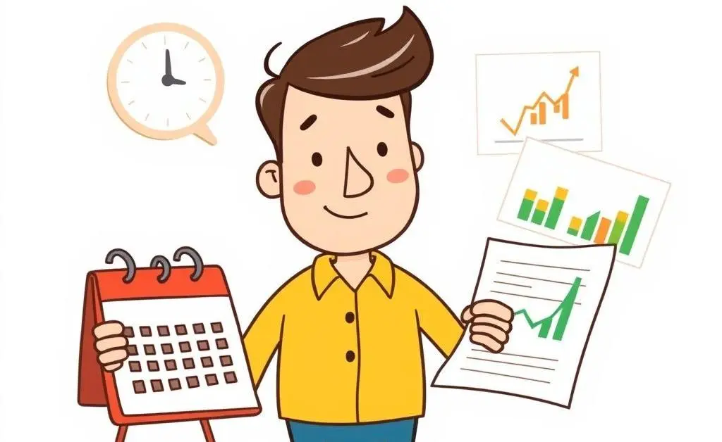 A light-hearted cartoon of a person planning investment goals with a calendar and charts.