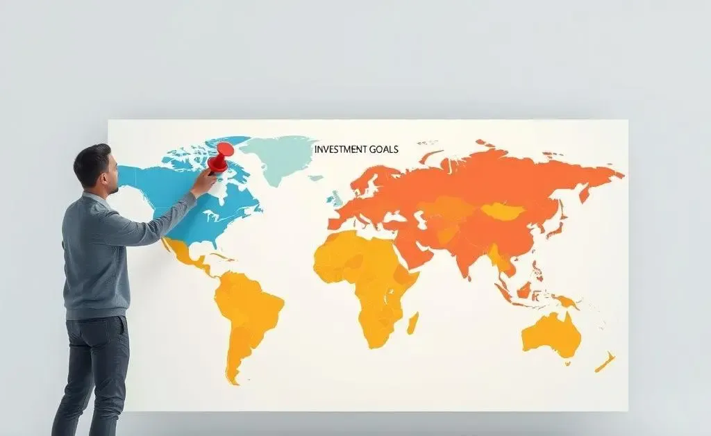 A person pinning a location on a large map titled 'Investment Goals'.