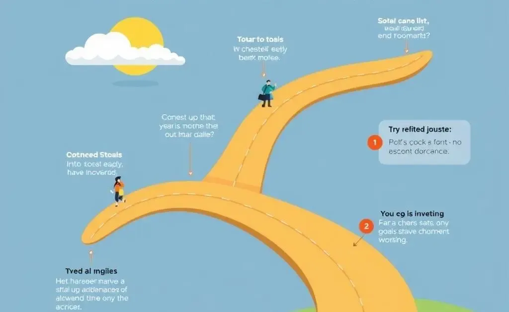 A cartoon-style roadmap showing the journey of setting and achieving investment goals, complete with milestones.
