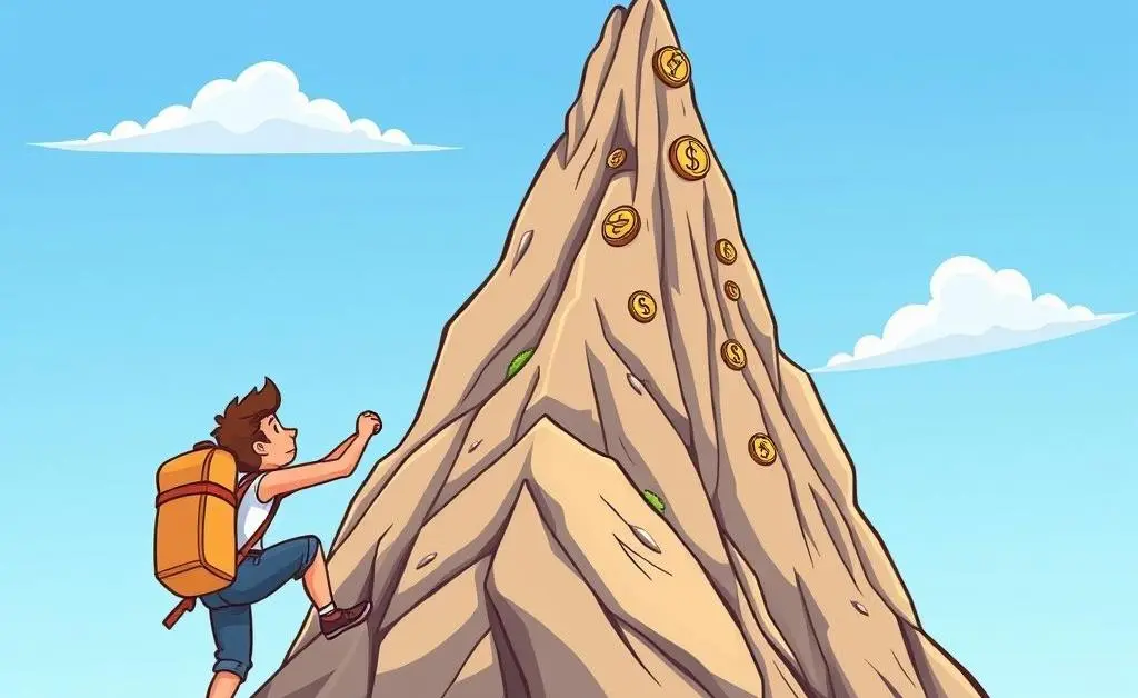 A mountain peak representing financial goals, with a person climbing it.