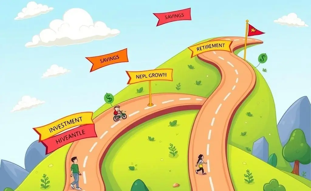 A cartoon-style roadmap with milestones representing investment goals