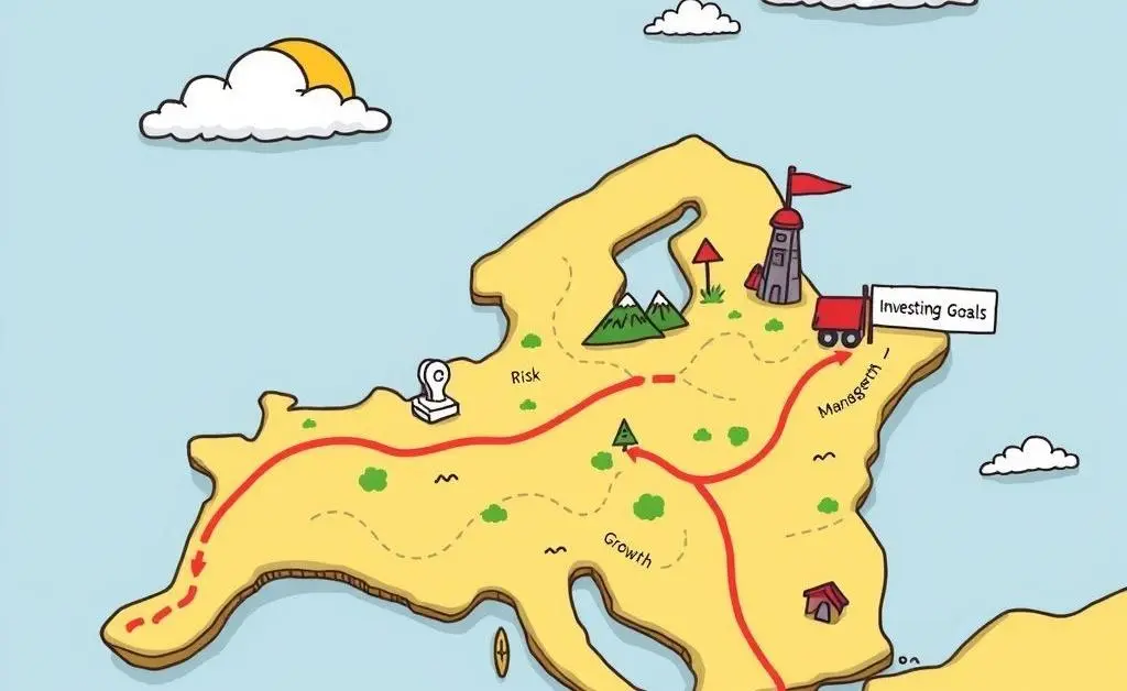 Cartoon map depicting a journey from starting to investing goals with landmarks like 'Risk Management' and 'Growth'
