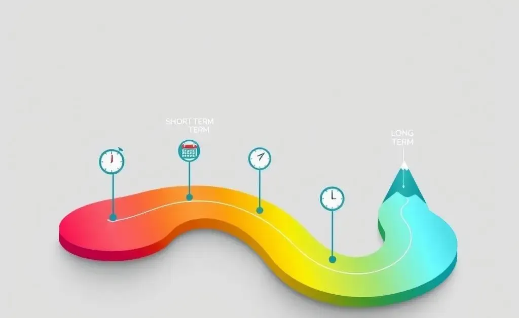 Illustration of a journey map with stops labeled as short-term, medium-term, and long-term goals.