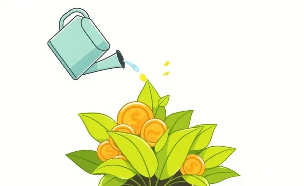 A minimalist cartoon of investments growing like a plant, with coins and a watering can.